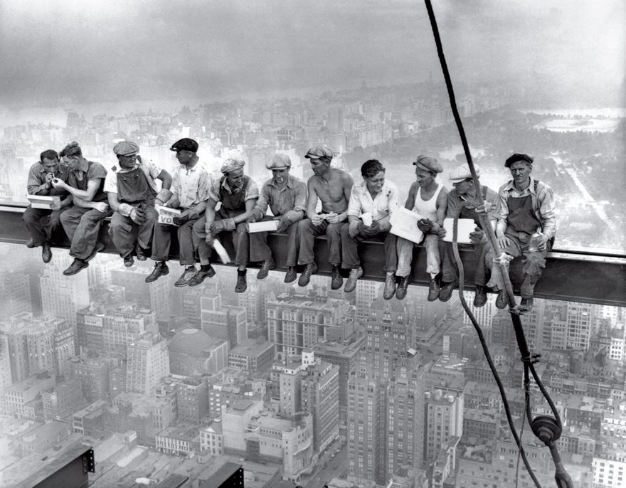Famous photo of men having lunch on an iron girder whilst building the Rockerfeller Centre, New York.
Lunch Atop A Skyscraper
